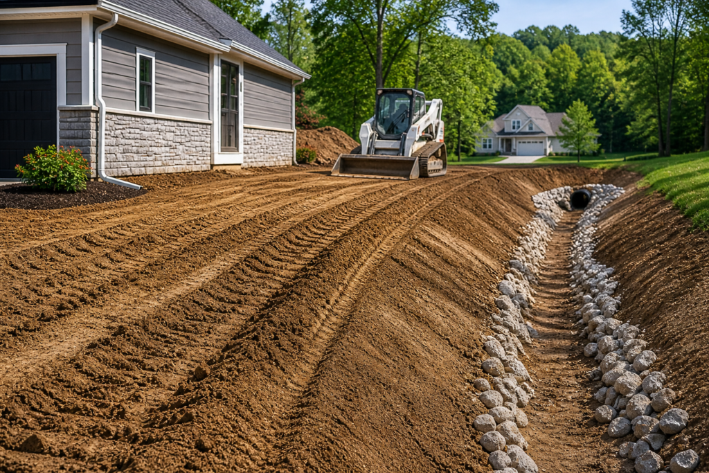 Construction work on a suburban yard