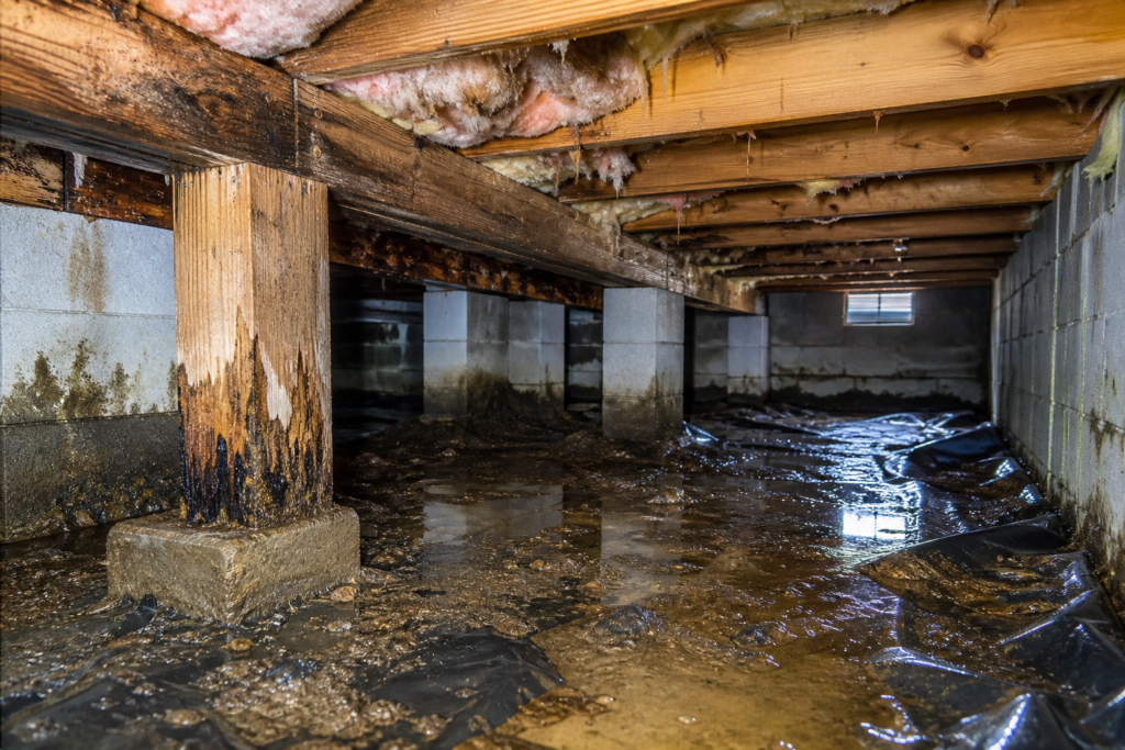 crawl space with moisture buildup and wood support beams showing damage