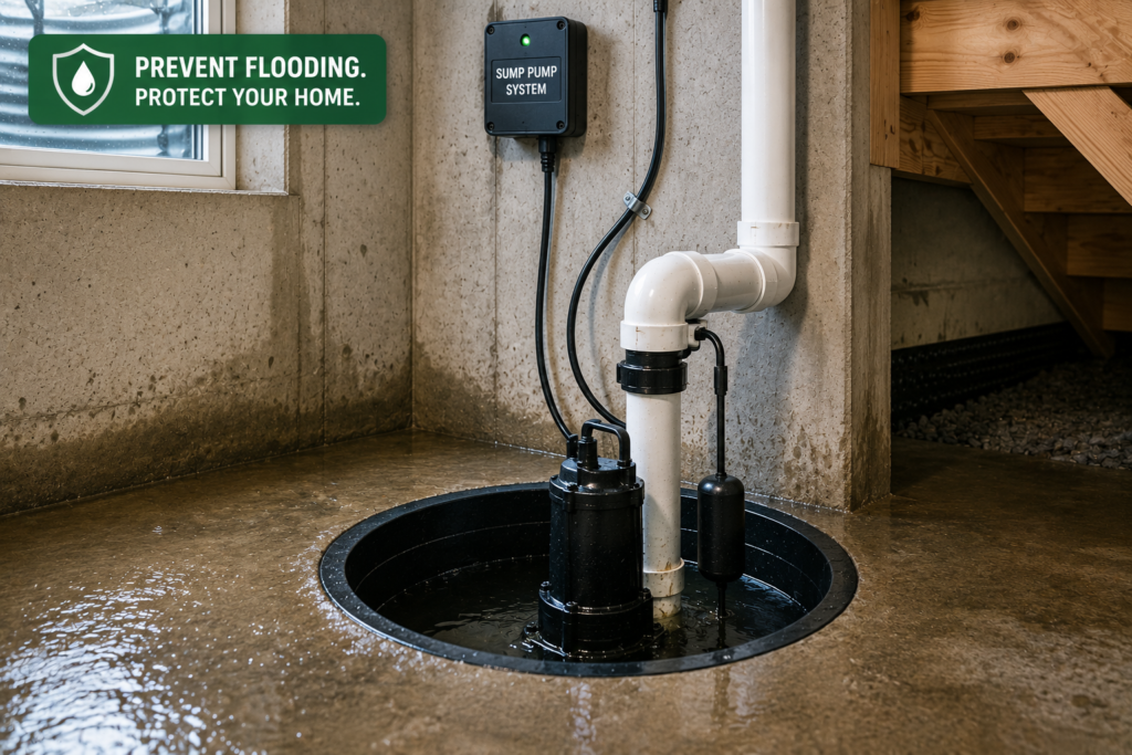 sump pump system protecting basement from groundwater flooding in Missouri home