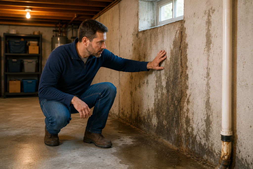 Inspecting damp basement wall